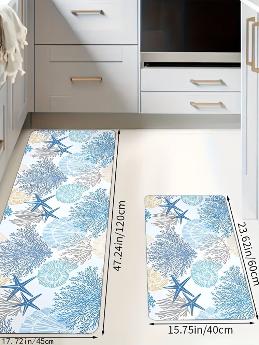 SET of 2 - Bathroom Kitchen Rugs - Starfish Seashell Design- Costal Home Decor